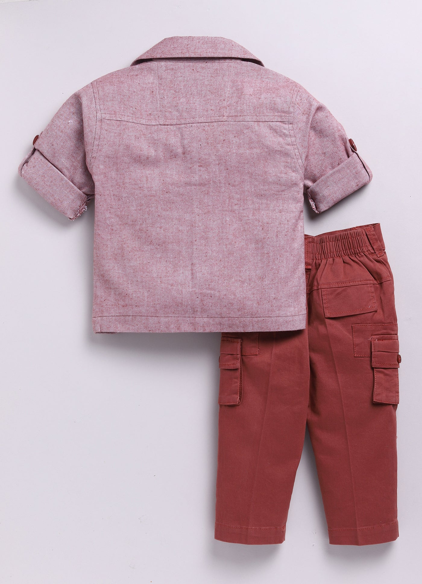 Cotton Woven Full Sleeves Solid Shacket Shirt Pant with Printed T-shirt Casual Set- Rust