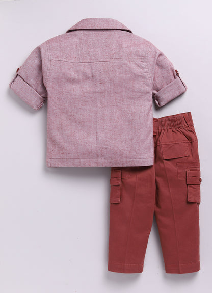Cotton Woven Full Sleeves Solid Shacket Shirt Pant with Printed T-shirt Casual Set- Rust