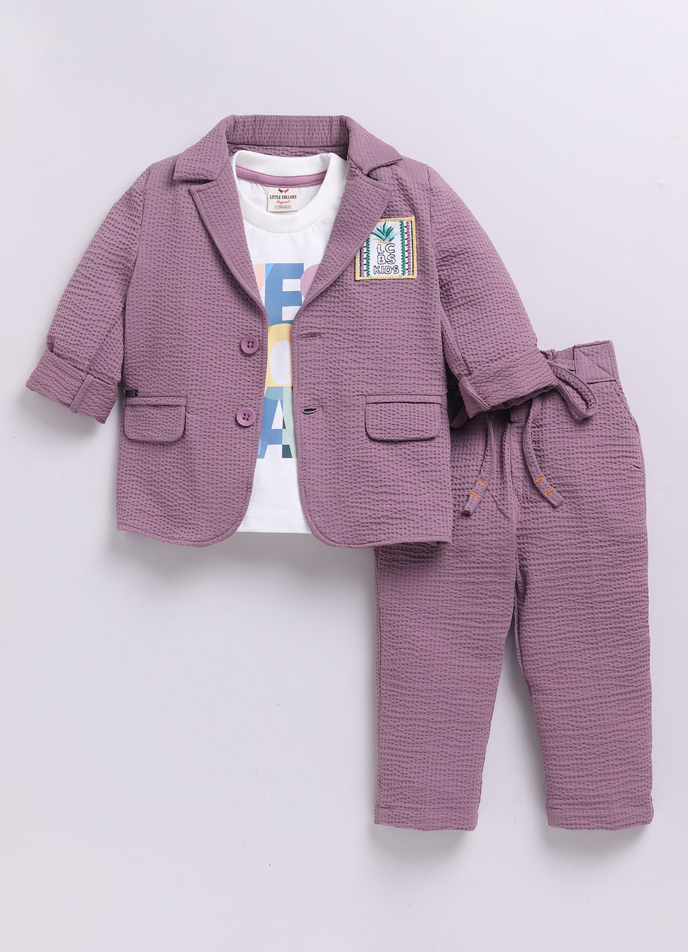 Blended Cotton Knitted Cloth Woven Full Sleeves Solid Coat Pant with Printed T-shirt Coat Coord Set- Lavender