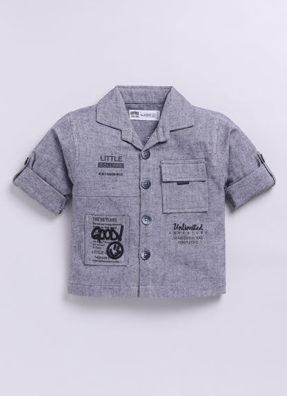 Cotton Woven Full Sleeves Solid Shacket Shirt Pant with Printed T-shirt Casual Set- Black