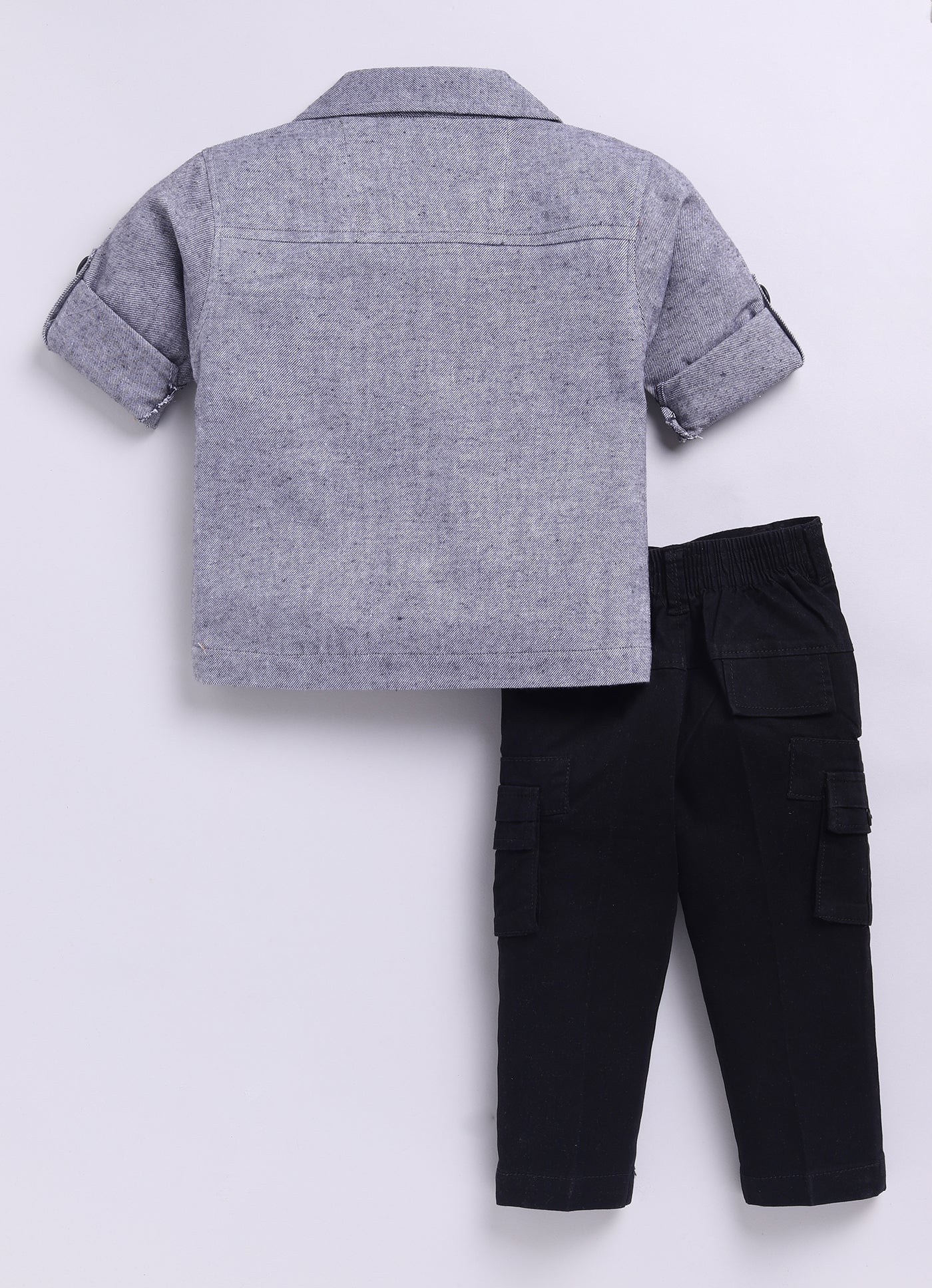 Cotton Woven Full Sleeves Solid Shacket Shirt Pant with Printed T-shirt Casual Set- Black
