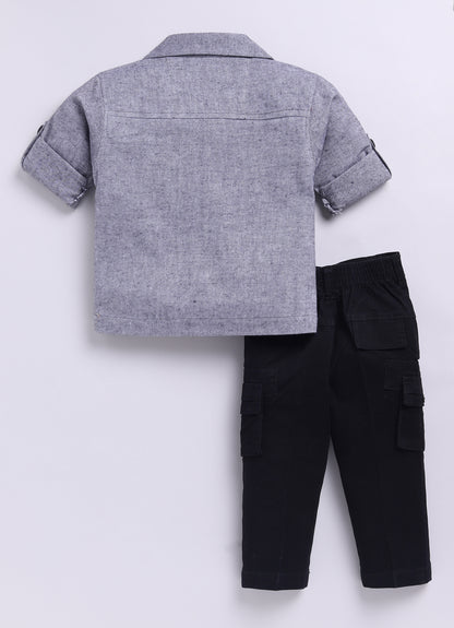 Cotton Woven Full Sleeves Solid Shacket Shirt Pant with Printed T-shirt Casual Set- Black