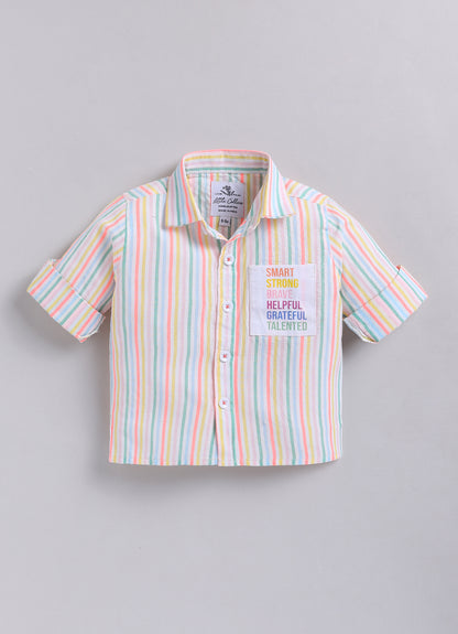 Boys Full Sleeves Cute Pocket, Full Sleeve Striped Shirt and Pant Casual Set- Peach