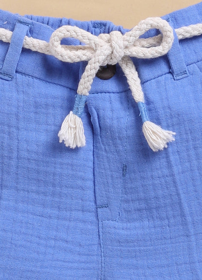 Pure Organic Muslin Cotton Solid Half Sleeves Shirt Half Pant Coord Set with Hand Embroidered Details- Blue