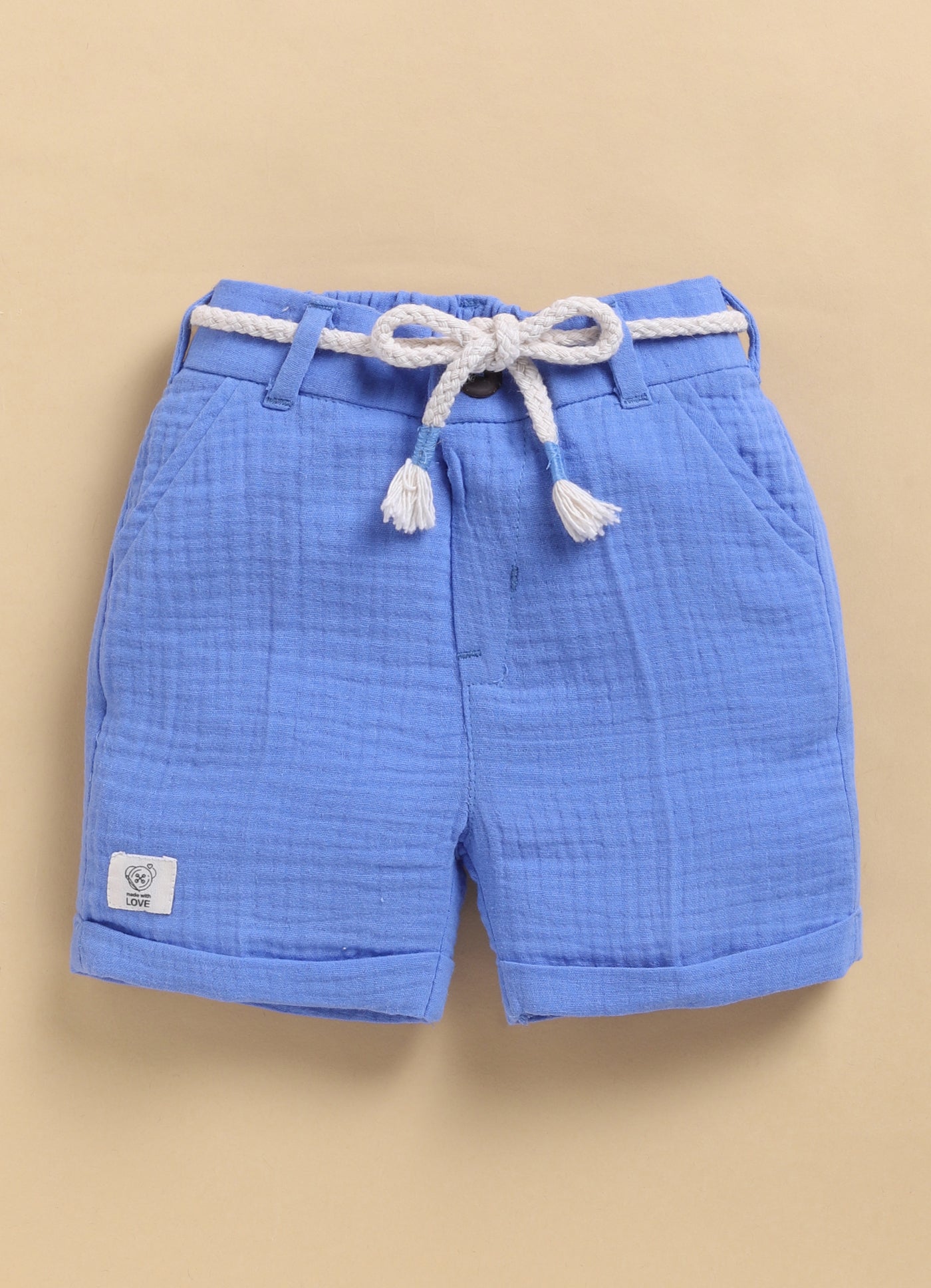 Pure Organic Muslin Cotton Solid Half Sleeves Shirt Half Pant Coord Set with Hand Embroidered Details- Blue