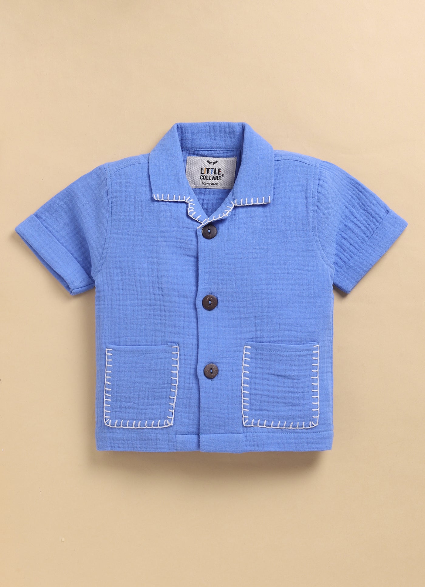 Pure Organic Muslin Cotton Solid Half Sleeves Shirt Half Pant Coord Set with Hand Embroidered Details- Blue