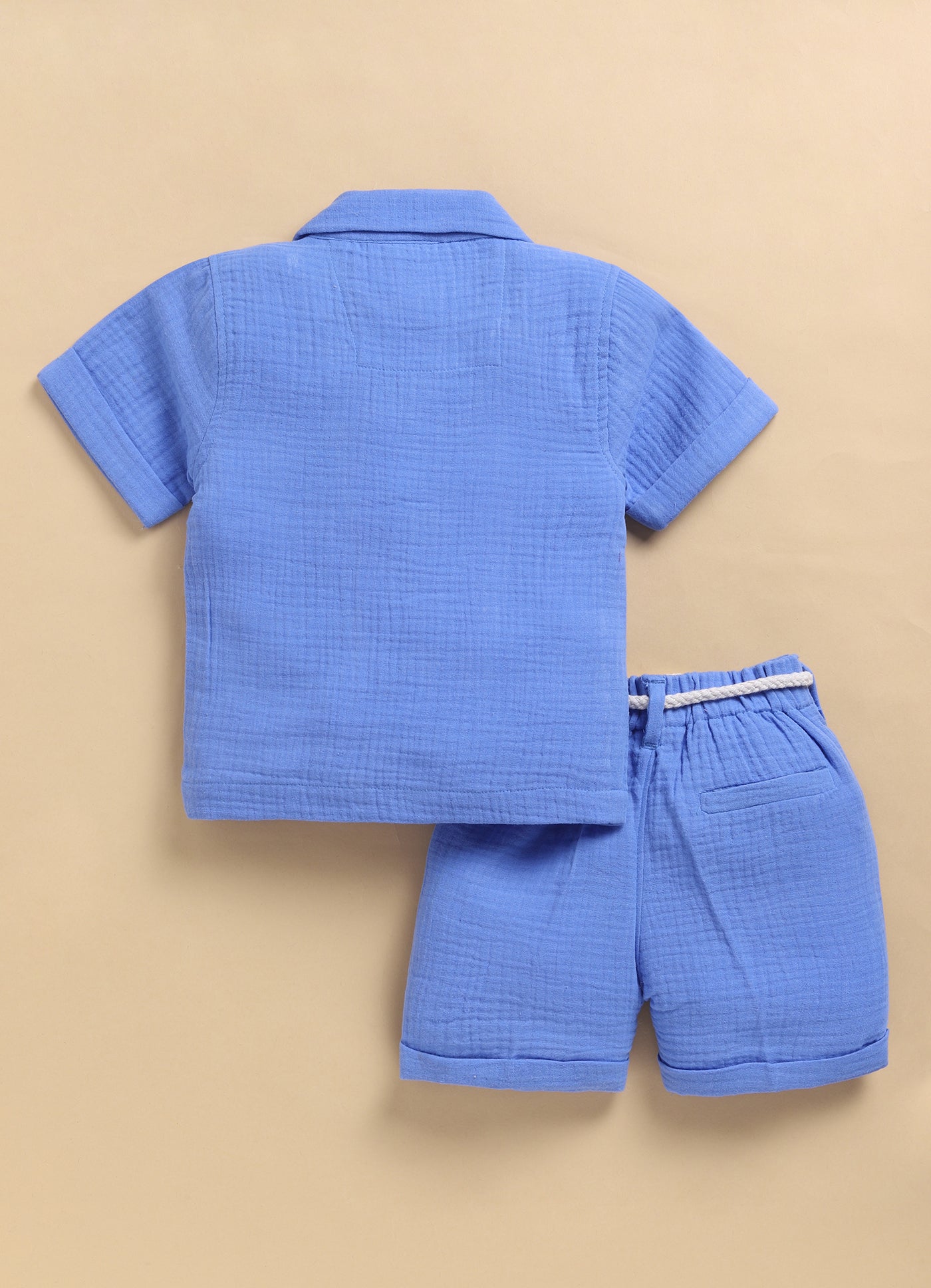 Pure Organic Muslin Cotton Solid Half Sleeves Shirt Half Pant Coord Set with Hand Embroidered Details- Blue