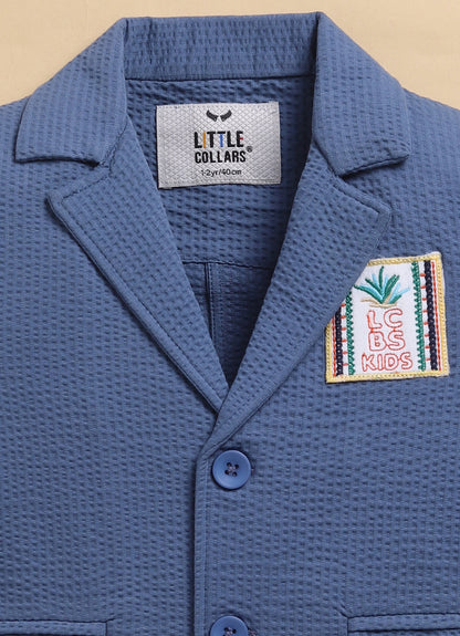 Blended Cotton Knitted Cloth Woven Full Sleeves Solid Coat Pant with Printed T-shirt Coat Coord Set- Blue