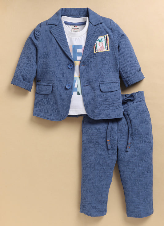 Blended Cotton Knitted Cloth Woven Full Sleeves Solid Coat Pant with Printed T-shirt Coat Coord Set- Blue