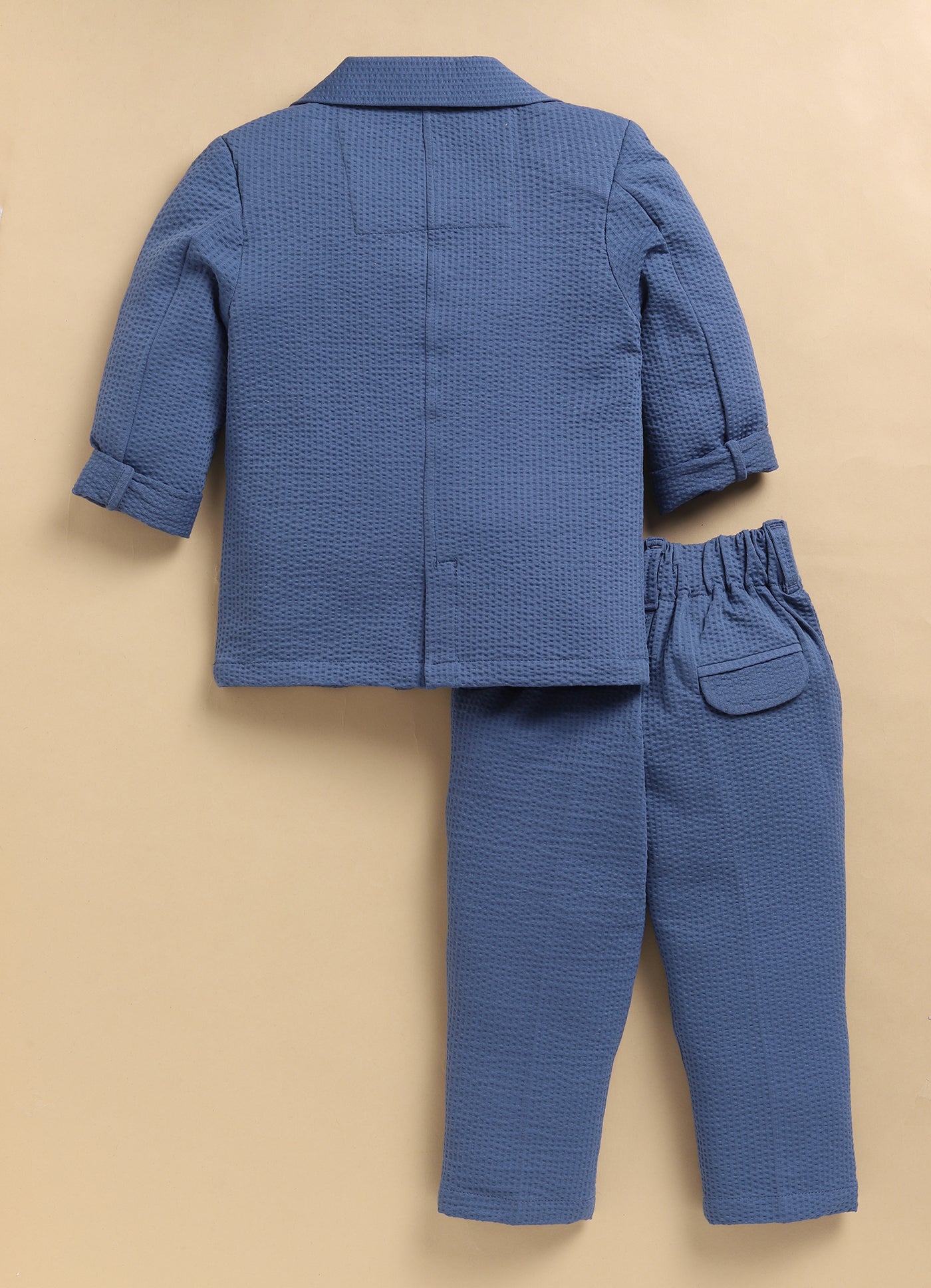 Blended Cotton Knitted Cloth Woven Full Sleeves Solid Coat Pant with Printed T-shirt Coat Coord Set- Blue