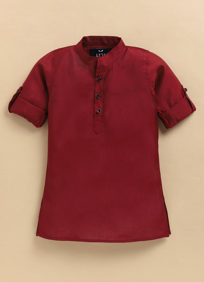 Silk Blend Woven Full Sleeves Pack of 4 Solid Kurta Pyjama With Sequin Embroidered Open Jacket and Brooch Pin Ethnic Set- Red