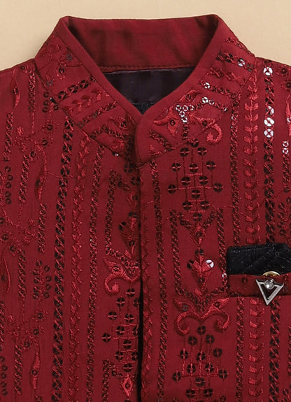 Silk Blend Woven Full Sleeves Pack of 4 Solid Kurta Pyjama With Sequin Embroidered Open Jacket and Brooch Pin Ethnic Set- Red