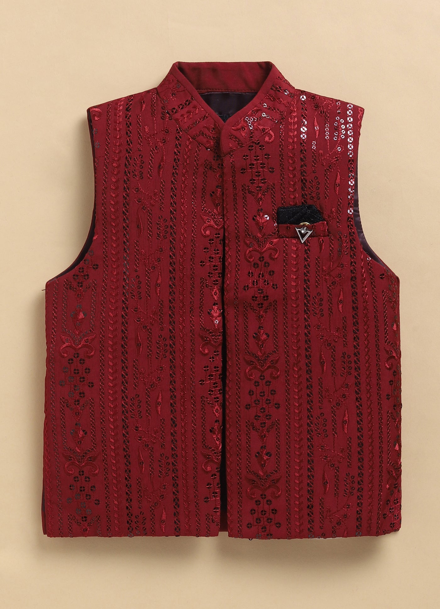 Silk Blend Woven Full Sleeves Pack of 4 Solid Kurta Pyjama With Sequin Embroidered Open Jacket and Brooch Pin Ethnic Set- Red