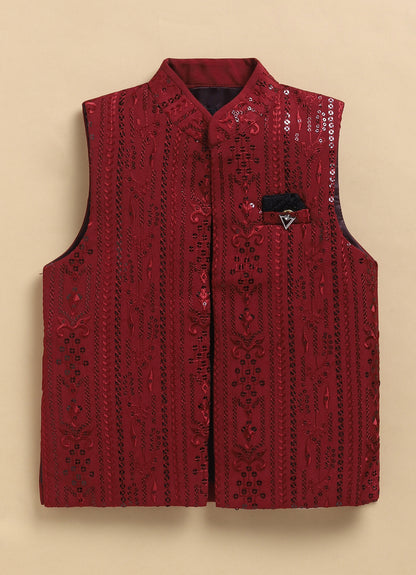 Silk Blend Woven Full Sleeves Pack of 4 Solid Kurta Pyjama With Sequin Embroidered Open Jacket and Brooch Pin Ethnic Set- Red