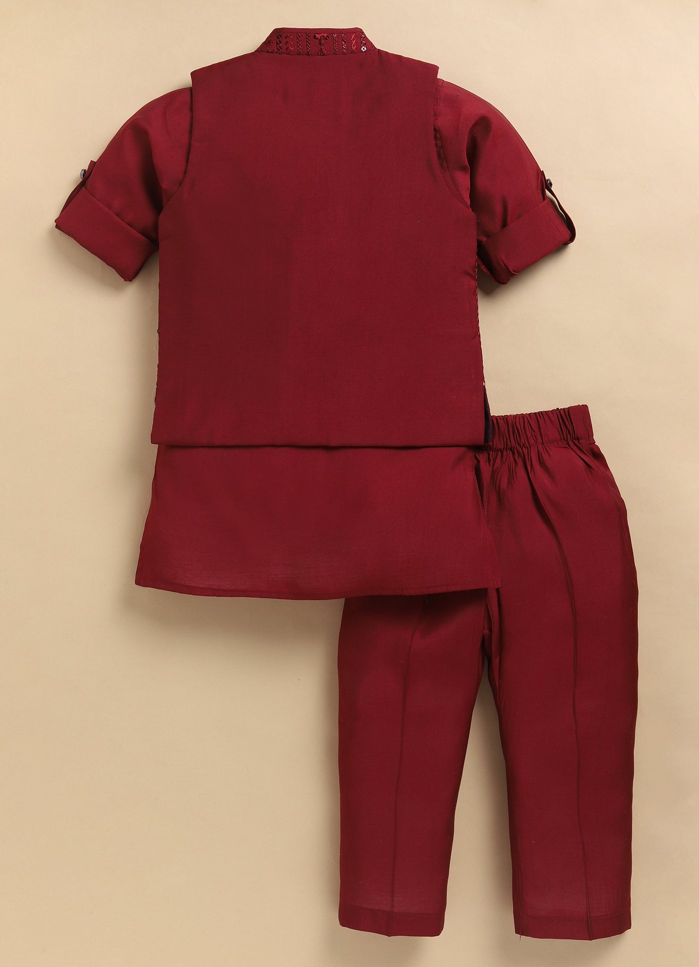 Silk Blend Woven Full Sleeves Pack of 4 Solid Kurta Pyjama With Sequin Embroidered Open Jacket and Brooch Pin Ethnic Set- Red