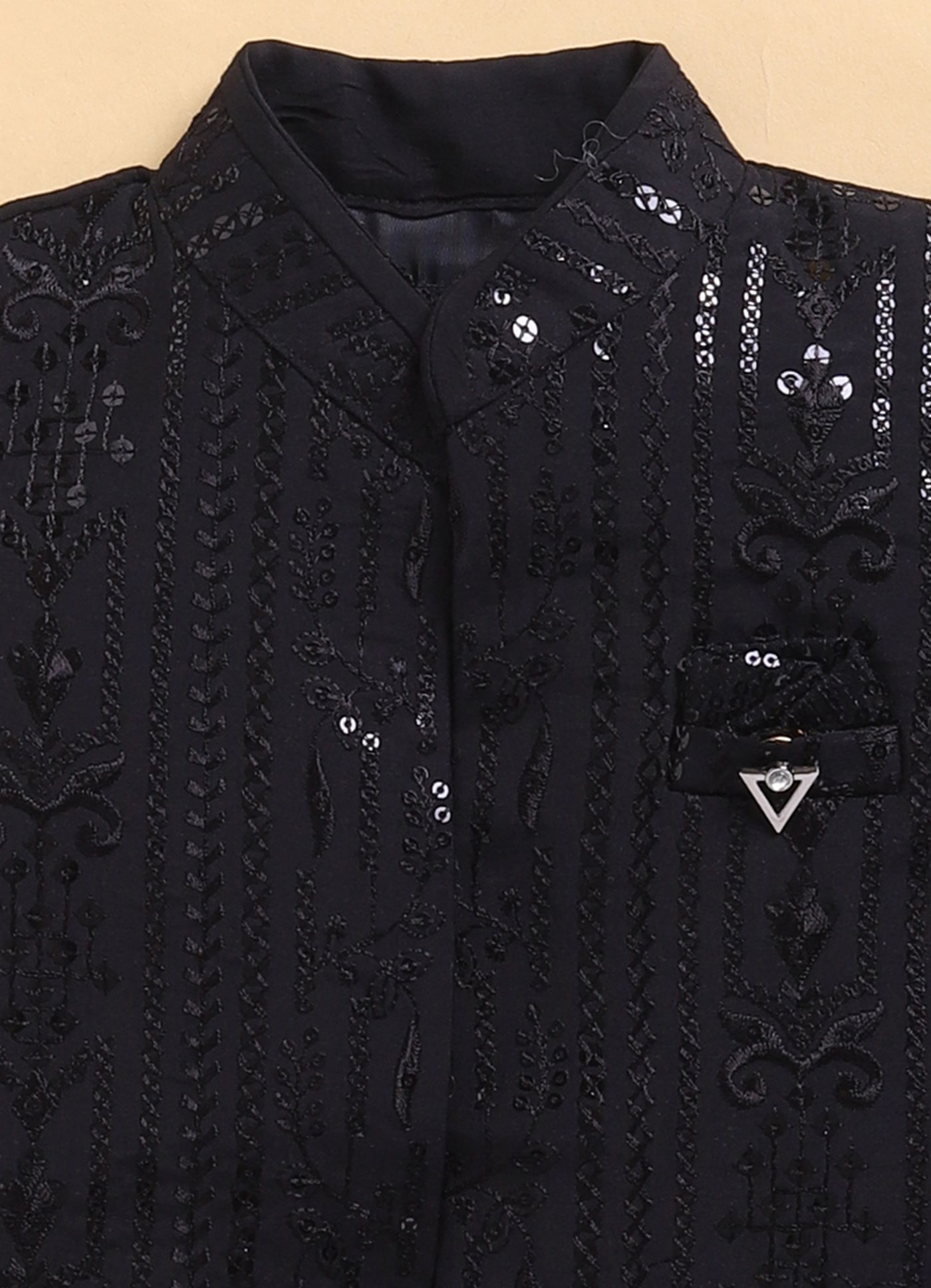 Silk Blend Woven Full Sleeves Pack of 4 Solid Kurta Pyjama With Sequin Embroidered Open Jacket and Brooch Pin Ethnic Set- Black