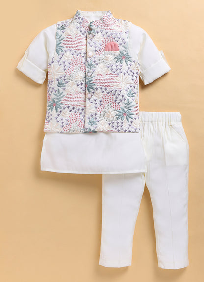 Cotton Silk Blend Woven Full Sleeves Festive Heavy Embroidered Ethnic Nehru Jacket Kurta and Pajama Set - Cream