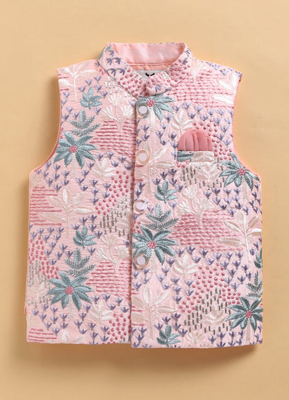 Cotton Silk Blend Woven Full Sleeves Festive Heavy Embroidered Ethnic Nehru Jacket Full Sleeves Kurta and Pajama Set - Peach