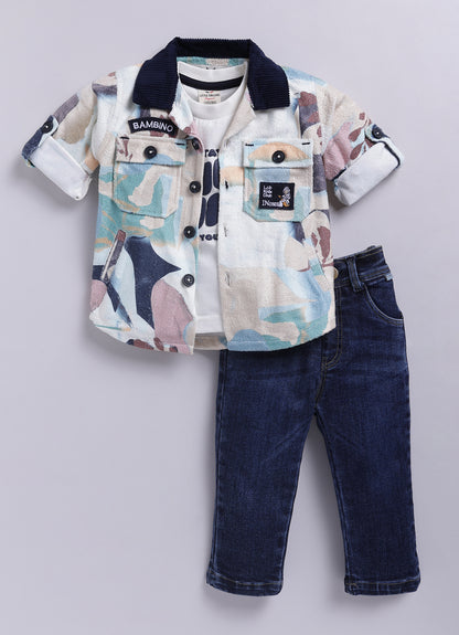 Blended Terry Toweling Abstract Printed Woven Full Sleeves Cuban Collar Shacket Printed T-shirt with Denim Pants Casual Set-Blue