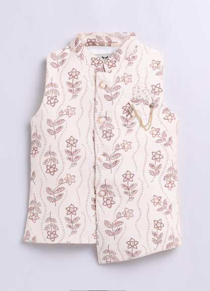 Super Comfortable and Soft Printed Kurta Pajama Jacket Set-Cream