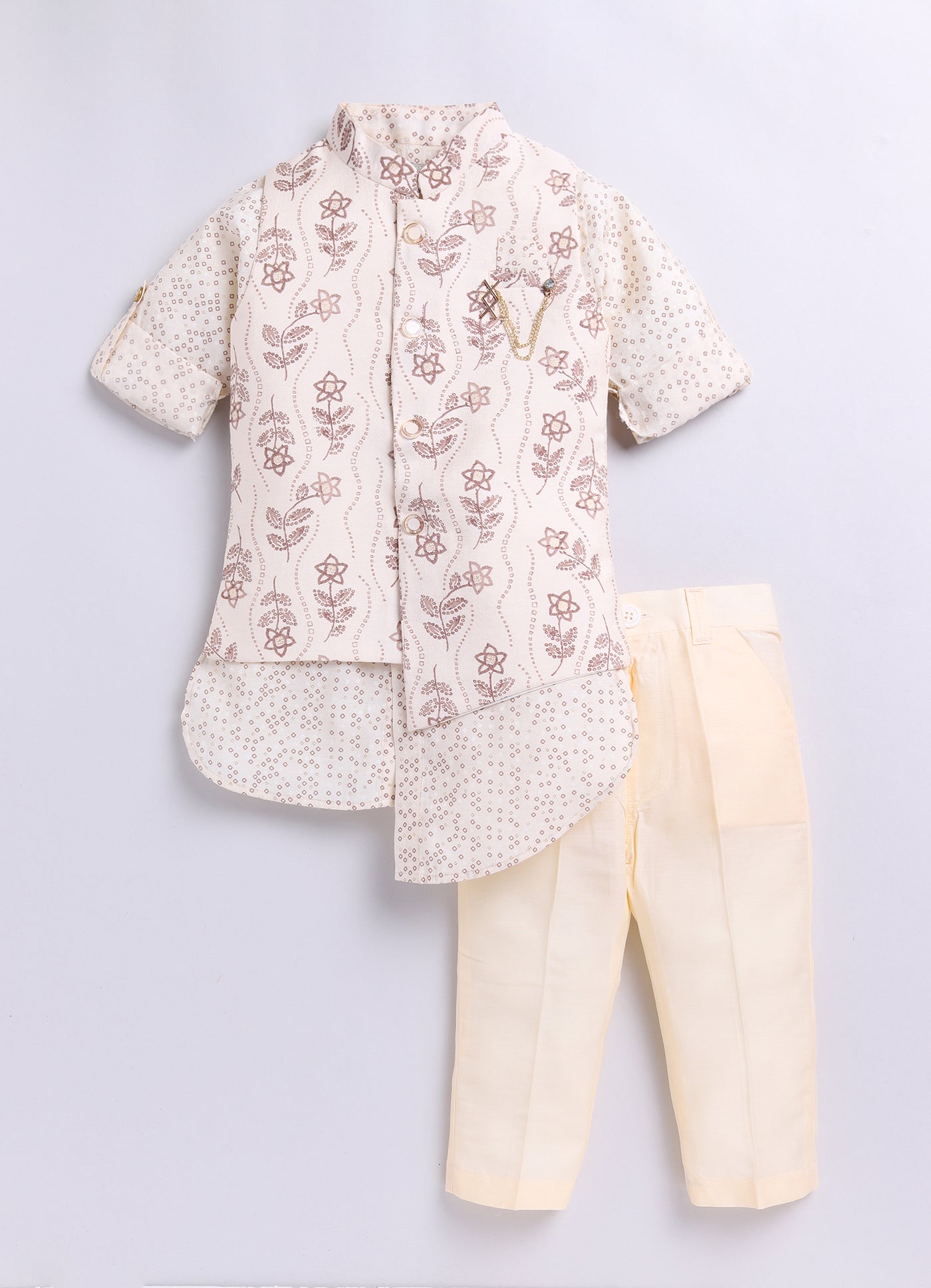 Super Comfortable and Soft Printed Kurta Pajama Jacket Set-Cream