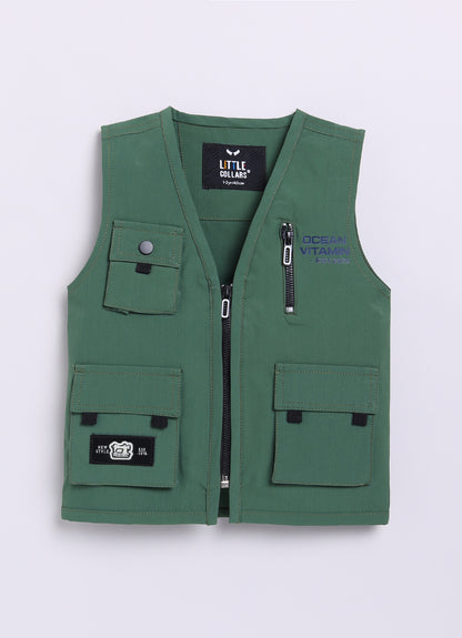 Blended Woven Technical Jacket Gilet with Utility Multi Pockets and Full Sleeves Hooded Teddy T-shirt and Trousers - Green