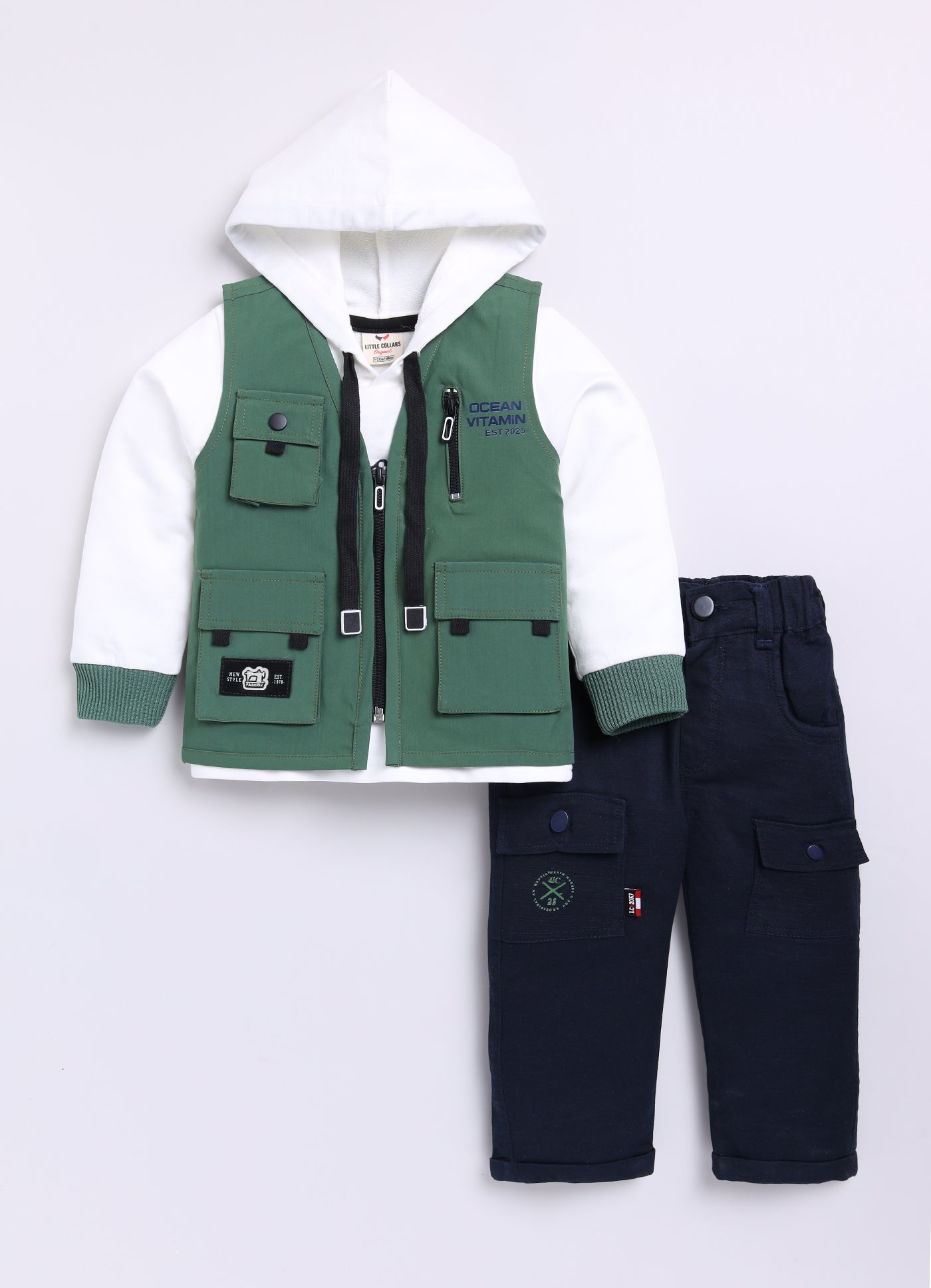Blended Woven Technical Jacket Gilet with Utility Multi Pockets and Full Sleeves Hooded Teddy T-shirt and Trousers - Green