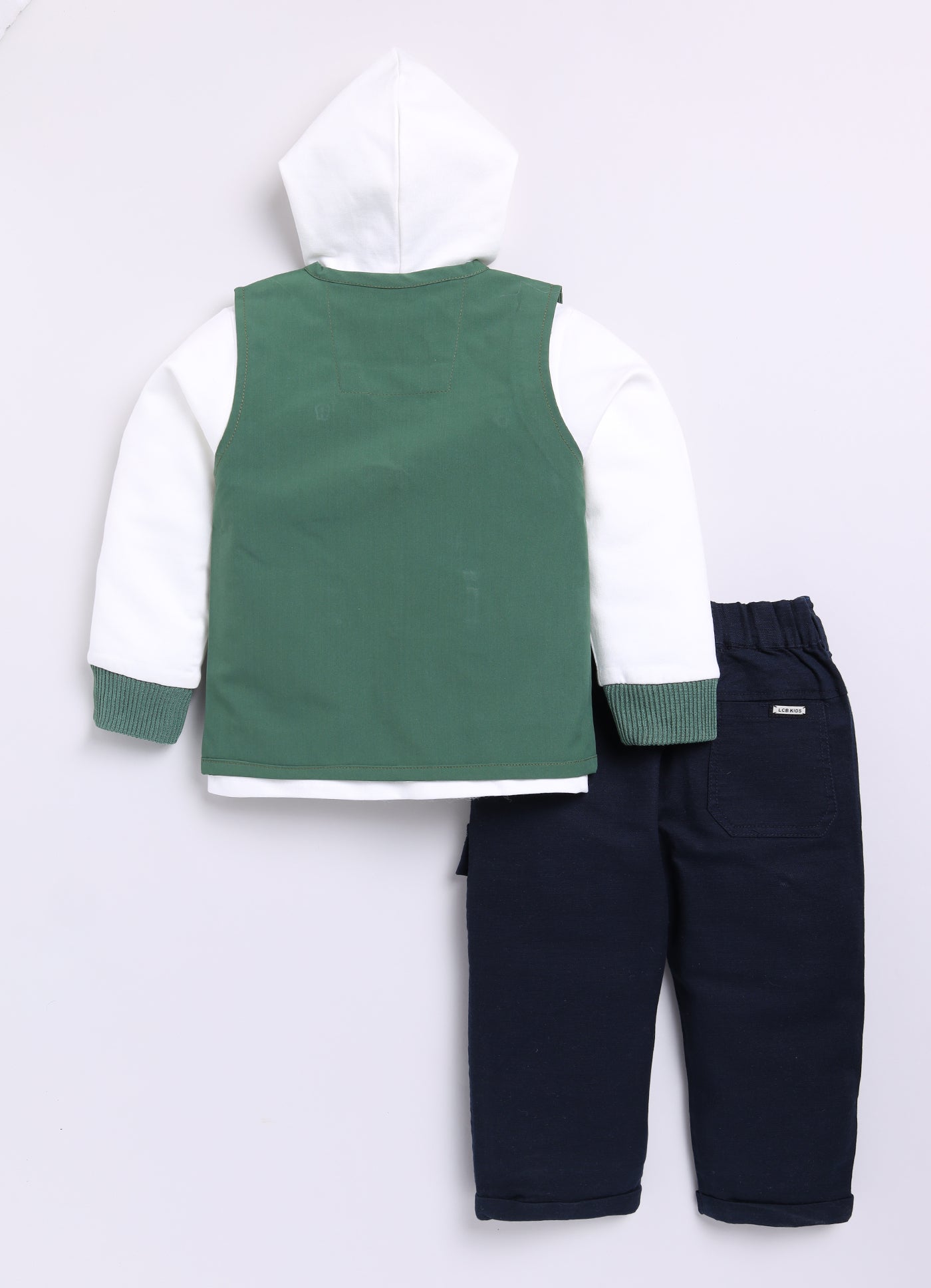 Blended Woven Technical Jacket Gilet with Utility Multi Pockets and Full Sleeves Hooded Teddy T-shirt and Trousers - Green