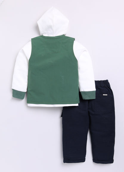 Blended Woven Technical Jacket Gilet with Utility Multi Pockets and Full Sleeves Hooded Teddy T-shirt and Trousers - Green