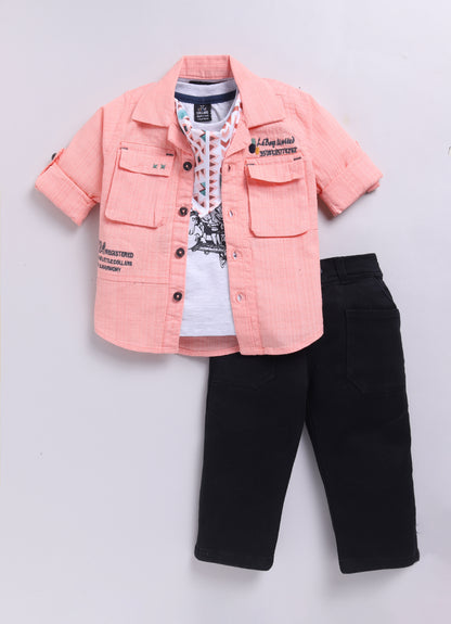 Cotton Woven Full Sleeves Solid Shirt and Pants, Tshirt and Printed Scarf Casual Set-Peach