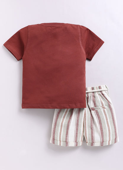 Trendy Cotton Half Sleeves Tshirt Half Pant Co-ord Set with Bag and Belt - Maroon
