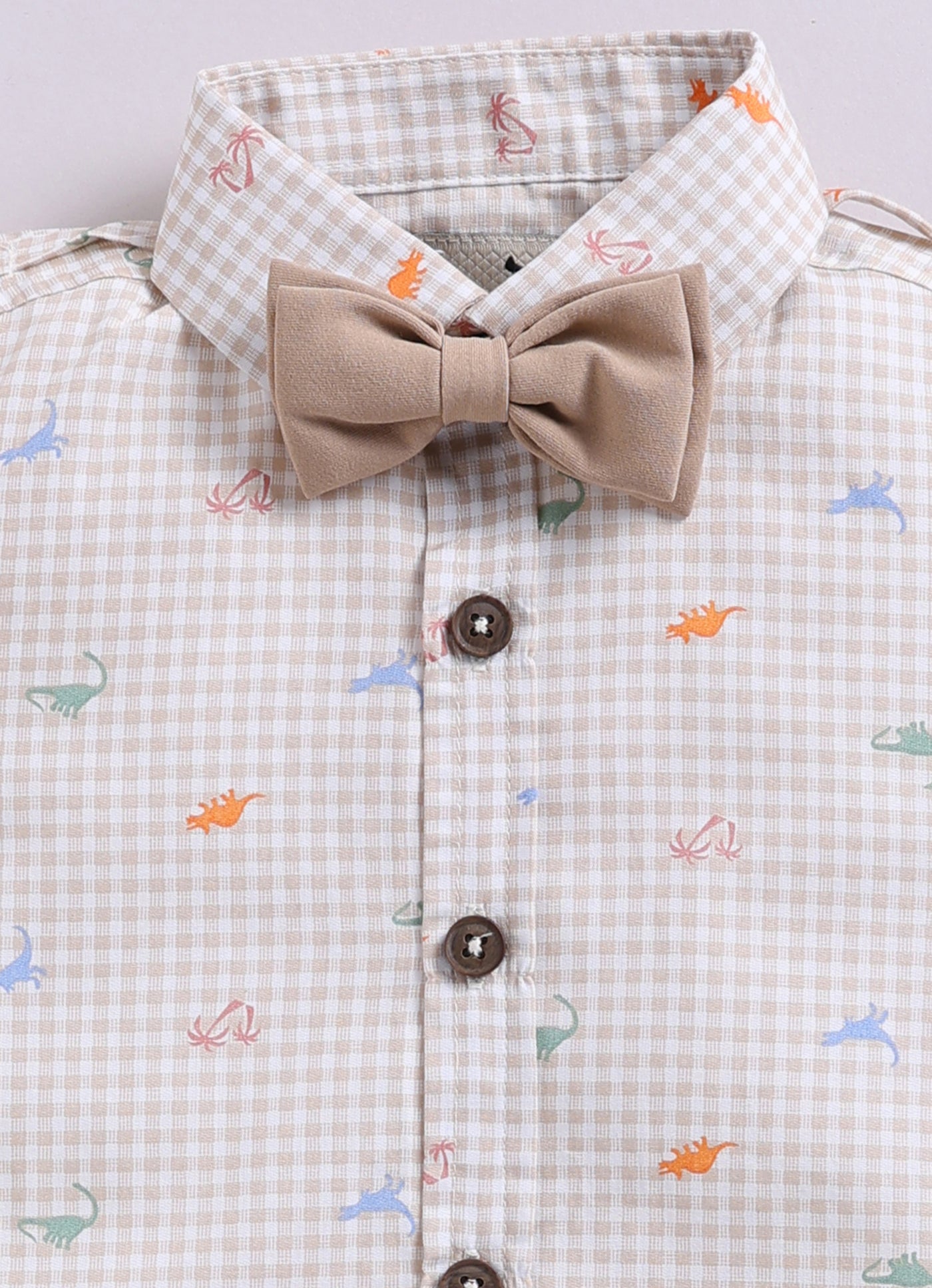 Dinosaur Print Cotton  Half Sleeves Shirt Pant Suspender Set with Bow and Cute Fluff Pin -Khaki