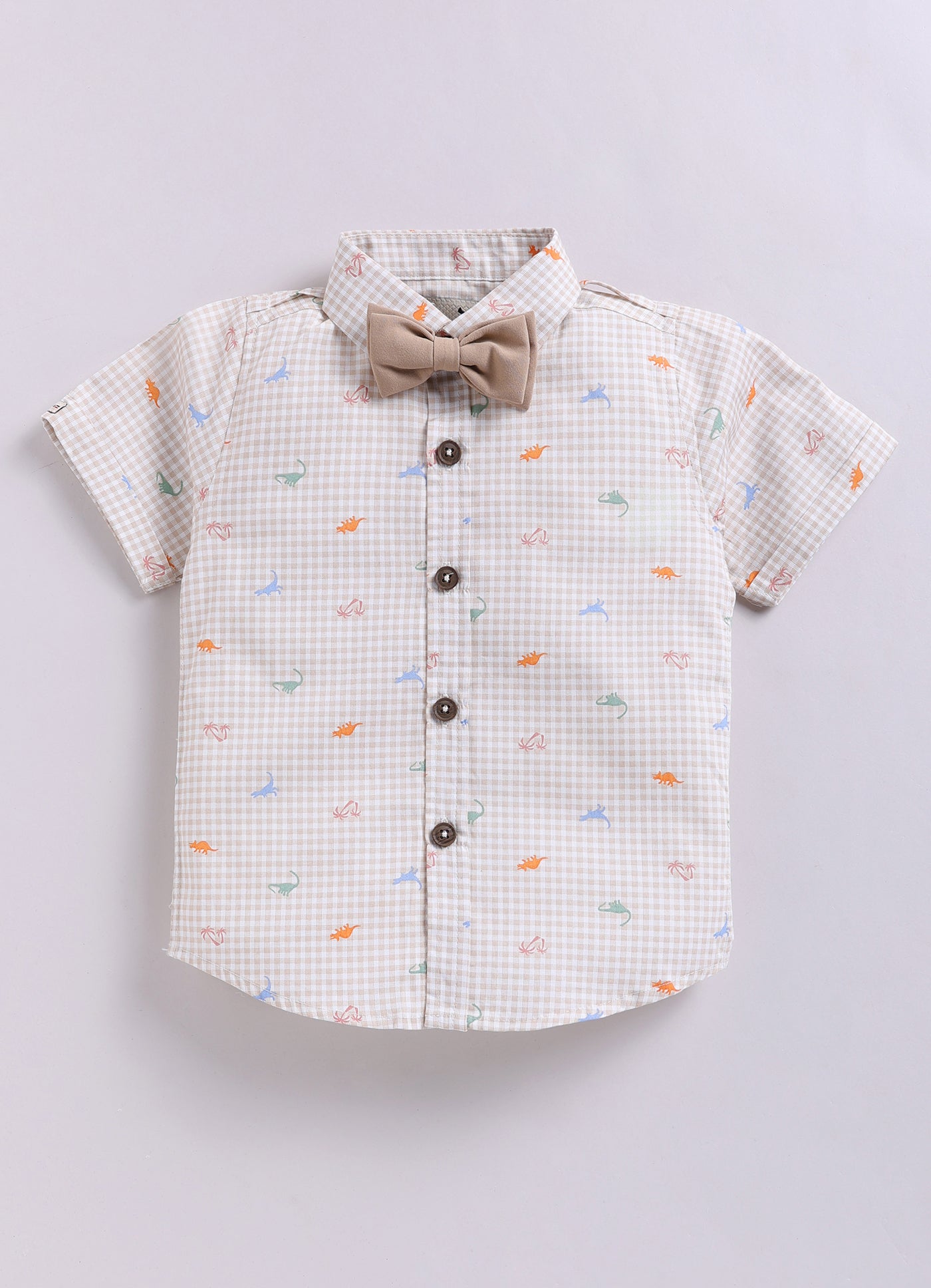 Dinosaur Print Cotton  Half Sleeves Shirt Pant Suspender Set with Bow and Cute Fluff Pin -Khaki