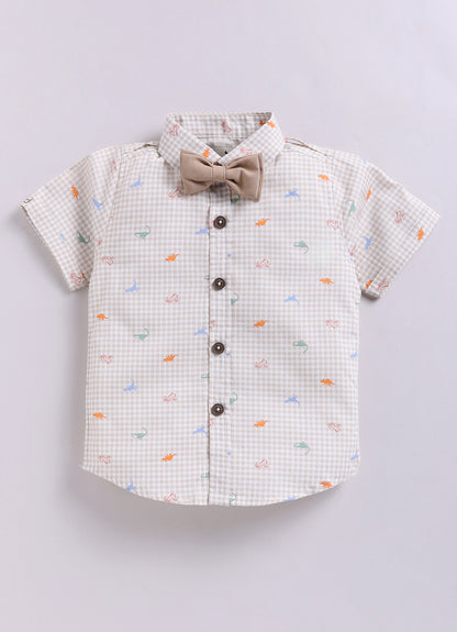 Dinosaur Print Cotton  Half Sleeves Shirt Pant Suspender Set with Bow and Cute Fluff Pin -Khaki