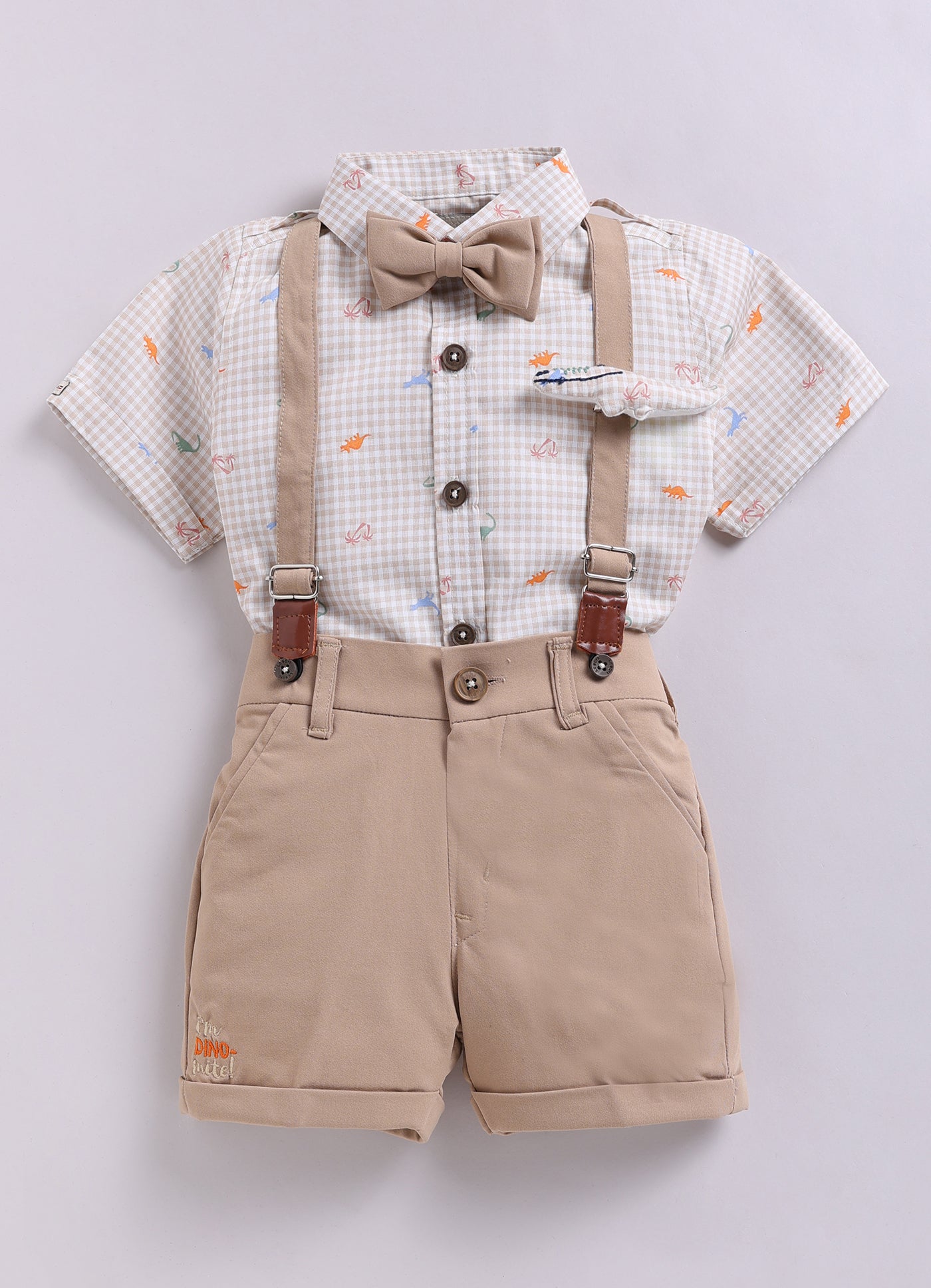 Dinosaur Print Cotton  Half Sleeves Shirt Pant Suspender Set with Bow and Cute Fluff Pin -Khaki