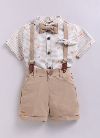 Dinosaur Print Cotton  Half Sleeves Shirt Pant Suspender Set with Bow and Cute Fluff Pin -Khaki