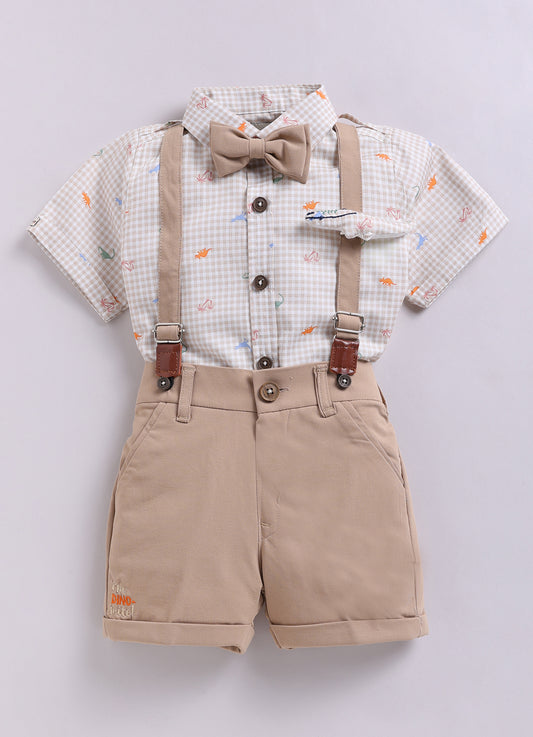 Dinosaur Print Cotton  Half Sleeves Shirt Pant Suspender Set with Bow and Cute Fluff Pin -Khaki