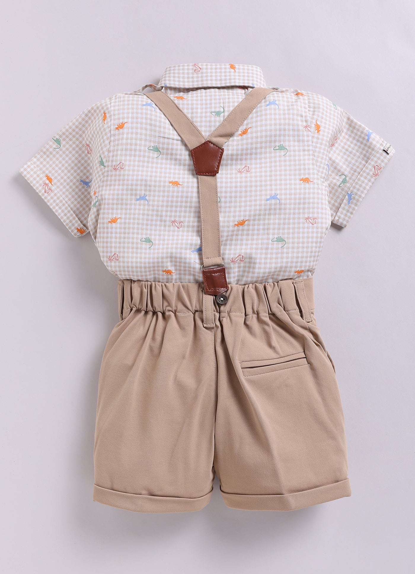 Dinosaur Print Cotton  Half Sleeves Shirt Pant Suspender Set with Bow and Cute Fluff Pin -Khaki