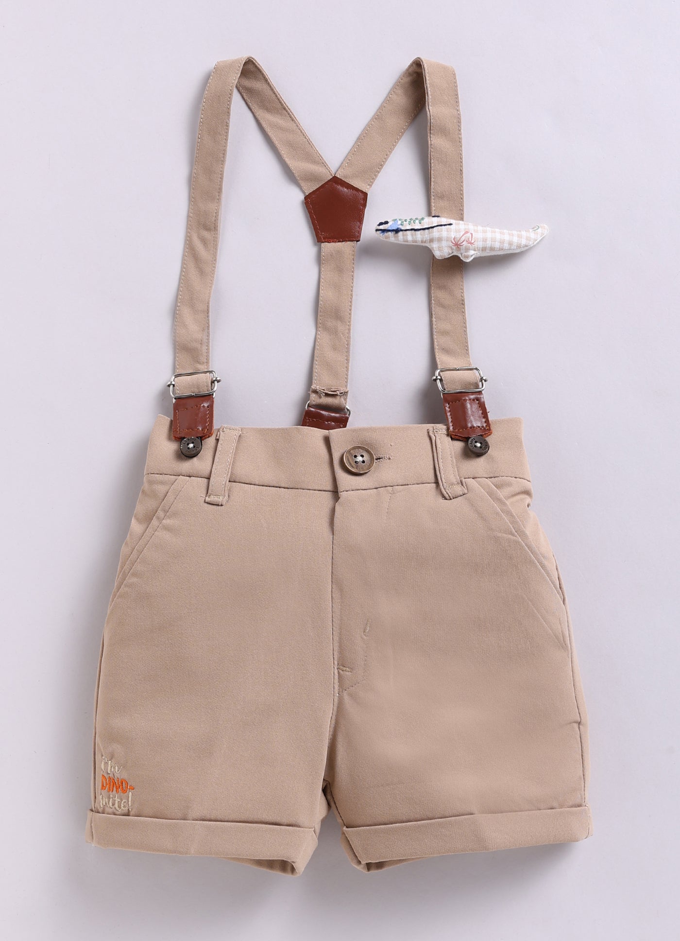 Dinosaur Print Cotton  Half Sleeves Shirt Pant Suspender Set with Bow and Cute Fluff Pin -Khaki