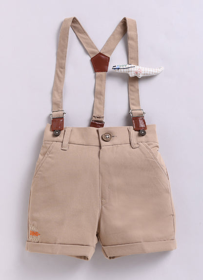 Dinosaur Print Cotton  Half Sleeves Shirt Pant Suspender Set with Bow and Cute Fluff Pin -Khaki