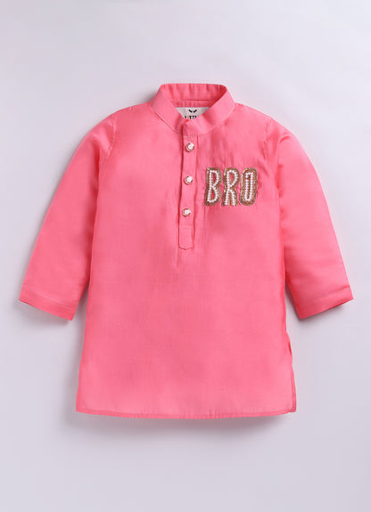 Rakhi Special Boys Silk Blend Woven Full Sleeves BRO Hand Embroidered and Embellished Ethnic Kurta Pajama Set - Pink