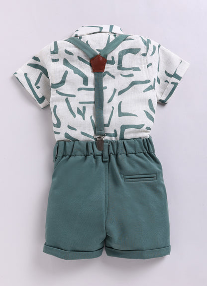 Abstract Printed Cotton Mesh Half Sleeves Shirt Pant Suspender Set with Bow -Green