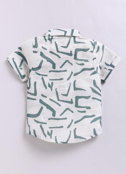 Abstract Printed Cotton Mesh Half Sleeves Shirt Pant Suspender Set with Bow -Green