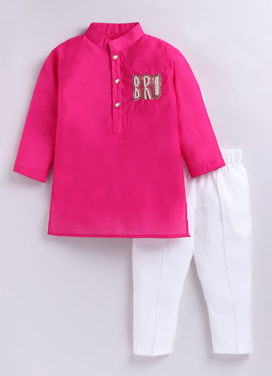 Silk Blend  Woven Full Sleeves BRO Hand Embroidered and Embellished Ethnic Kurta Pajama Set - Fuschia