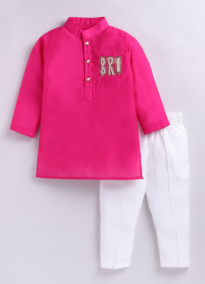 Rakhi Special Boys Silk Blend  Woven Full Sleeves BRO Hand Embroidered and Embellished Ethnic Kurta Pajama Set - Fuschia