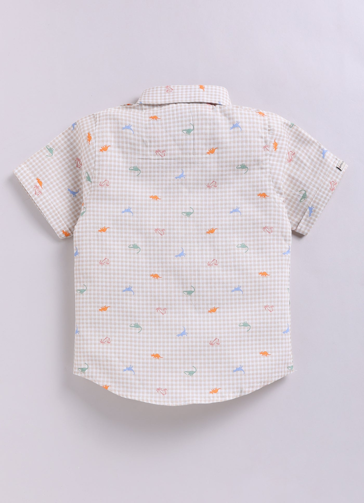 Dinosaur Print Cotton  Half Sleeves Shirt Pant Suspender Set with Bow and Cute Fluff Pin -Khaki