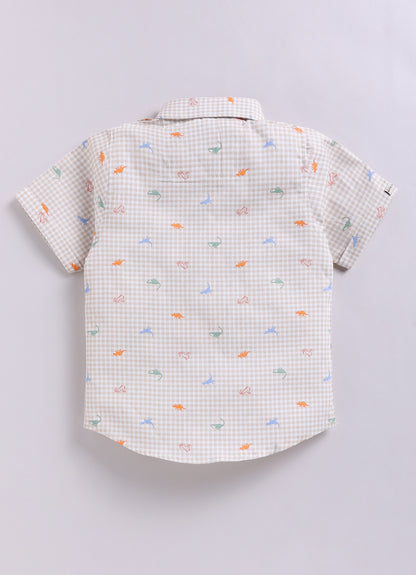 Dinosaur Print Cotton  Half Sleeves Shirt Pant Suspender Set with Bow and Cute Fluff Pin -Khaki