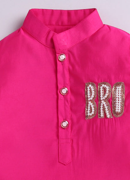Rakhi Special Boys Silk Blend  Woven Full Sleeves BRO Hand Embroidered and Embellished Ethnic Kurta Pajama Set - Fuschia