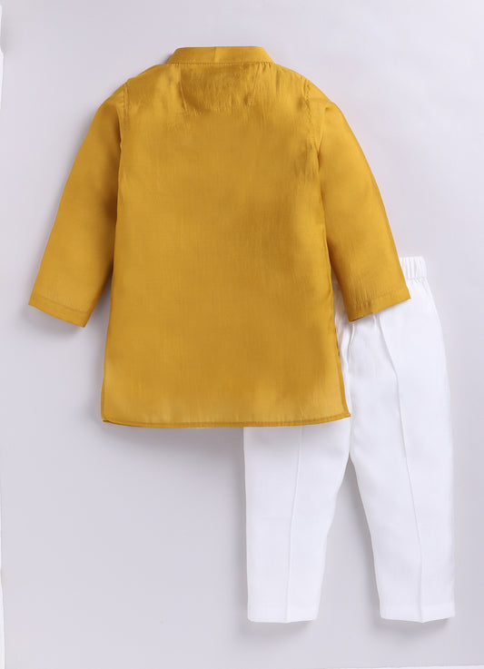 Rakhi Special Boys Silk Blend Woven Full Sleeves BRO Hand Embroidered and Embellished Ethnic Kurta Pajama Set - Mustard