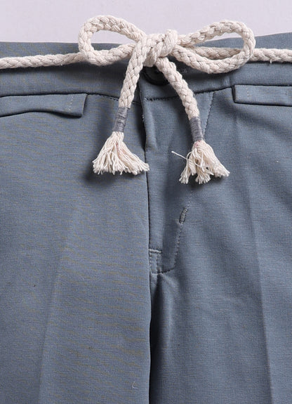 Cotton Blended Jaquard Knitted Waistcoat Jacket Pant & Full Sleeves Shirt with Floral Brooch & Bow Jacket Set- Grey